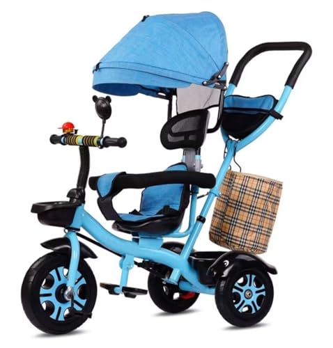 Eltern-Schiebedreirad mit abnehmbarem Verdeck, 4-in-1-Kinderwagen für 1–5 Jahre, hoher Rücksitz mit Schaumstoff-Geländer, drehbarer Sitz, Titanrad, Doppelbremsen am Hinterrad, Kinderdreiräder