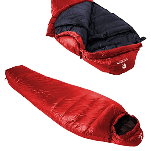 Alpin Loacker 3 Jahreszeiten Daunenschlafsack Ultraleicht 860g, der Schlafsack mit kleinem Packmaß für Camping, Trekking und Outdoor, Rot 195cm Links Zip
