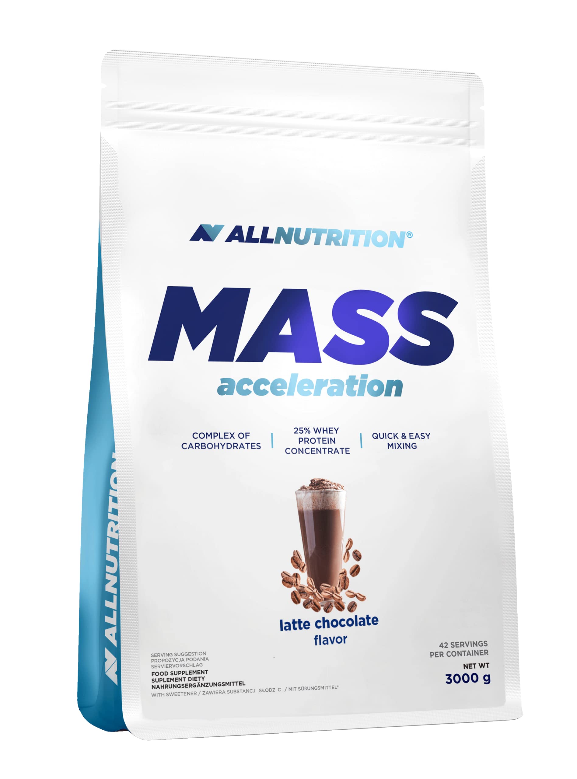 ALLNUTRITION Mass Acceleration Gainer Nahrungsergänzungsmittel - Kohlenhydrat- und Tierisches Protein Pulver für Muskelaufbau & Leistungssteigerung - Glutenfrei - 3000g - Caffe Latte Chocolate