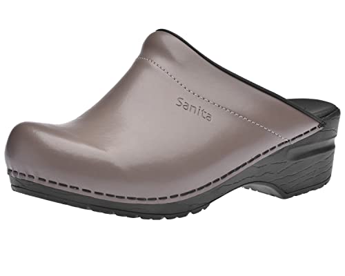Sanita | Sonja PU offener Clog | Original handgemacht | Flexible Leder-Clogs für Damen | Anatomisch geformtes Fußbett mit weichem Schaum | Taupegrau | 37 EU