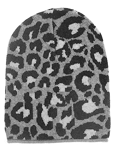 Zwillingsherz Slouch-Beanie-Mütze im Leo Design mit Kaschmir - Hochwertige Strickmütze für Damen Mädchen - Hat - Pailletten Stern - One Size - Sommer Herbst und Winter - grau