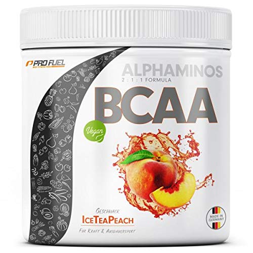 BCAA Pulver 3x300g ICE TEA PEACH (Eistee-Pfirsich) - Testsieger - ALPHAMINOS BCAA 2:1:1 - Das ORIGINAL von ProFuel - Essentielle BCAA Aminosäuren - Unfassbar leckerer Geschmack - 100% vegan