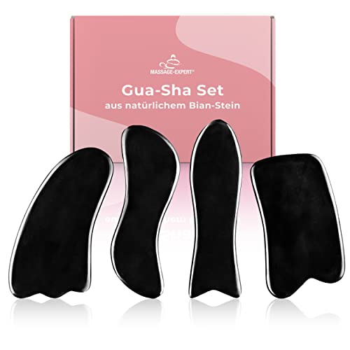 Gua-Sha Set mit 4 Massagehelfern aus natürlichem Bian-Stein, Anleitung und Verstau-Box inklusive - effektives Werkzeug für Massage, Akupressur und Anti-Aging