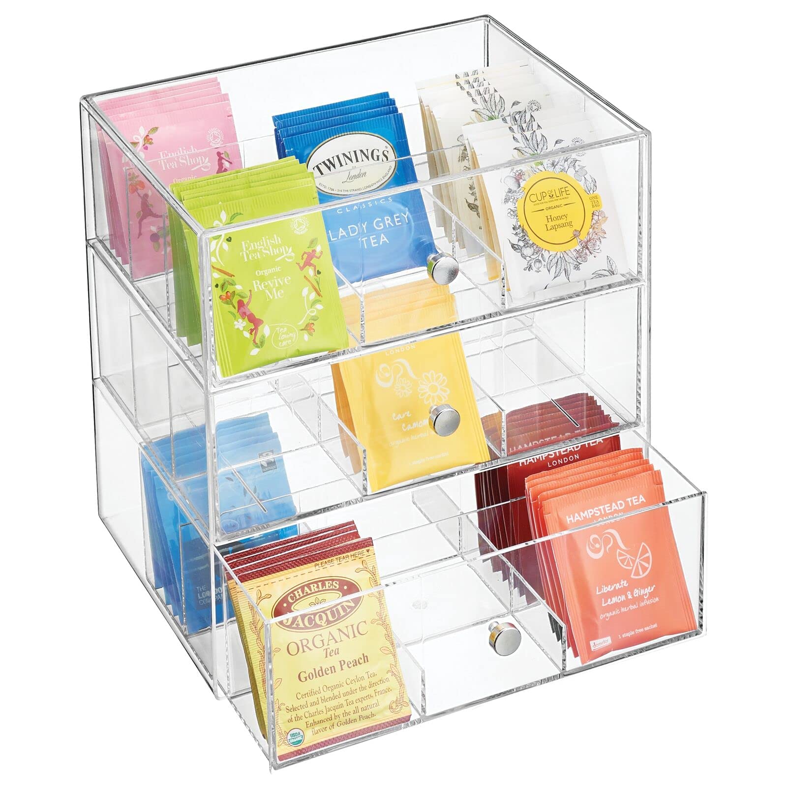 mDesign Aufbewahrungsbox mit 3 Schubladen – Schubladenbox für Teebeutel, Kaffeepads, Süßungsmittel und mehr – Teebox aus Kunststoff – durchsichtig