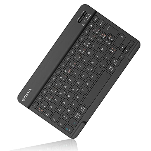 Fintie Ultra Dünn (4mm) Bluetooth Tastatur mit deutschem Layout AZERTY für iPad/Samsung Galaxy Tab/Lenovo Tab/Huawei MediaPad und andere Android/iOS Geräte, 10 Zoll, Schwarz