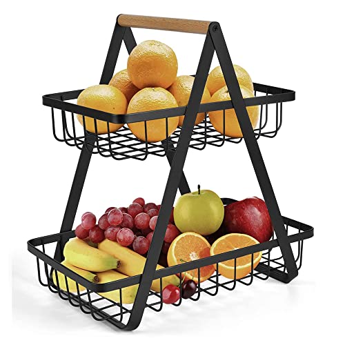 RATSTONE Obst Etagere,Etagere Obst,Obstkorb Etagere,Obstschale Obstkorb Brotkorb Gemüse Holzregal, abnehmbares Obstregal Küchenaufbewahrungskorb, Gemüseregal, Obst-Gemüse-Brot-Snack-Korb (Schwarz)