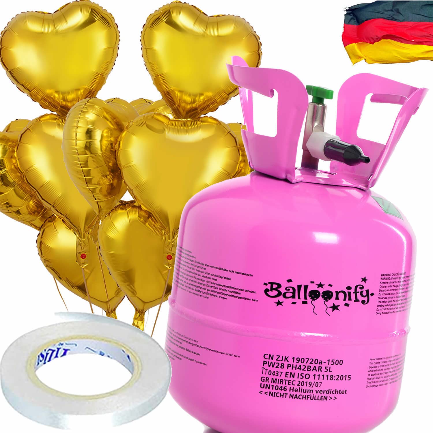Helium Ballongas + Herz Folienballons + Ballonband | 20er Heliumflasche + Knickventil + 8 Ballonherzen + 10m Band | Luftballon Herzen Geburtstag Party Hochzeit, Edition: Set mit 8 Gold Herzballons
