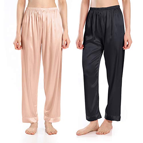 Wantschun Damen Satin Silk Schlafanzughose Nachtwäsche Hose Pyjama Bottom, Pack Of 2:champagne+schwarz, XXL