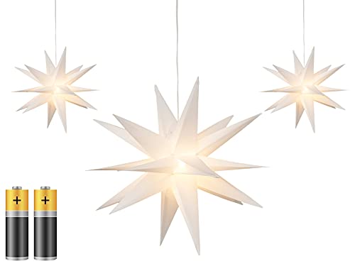 3er Pack 3D Leuchtstern - Weihnachtsstern/warm-weiß beleuchtet/für Innen und Außen geeignet/hängend / 100cm Zuleitung/ca. Ø 25 cm/batteriebetrieben (weiß)