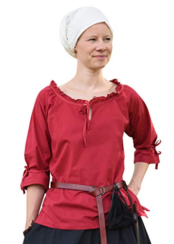 Battle-Merchant Mittelalter Bluse Birga | LARP Bluse aus Baumwolle mit 3/4 Arm | Mittelalter Kleidung für Damen (Rot/XL)