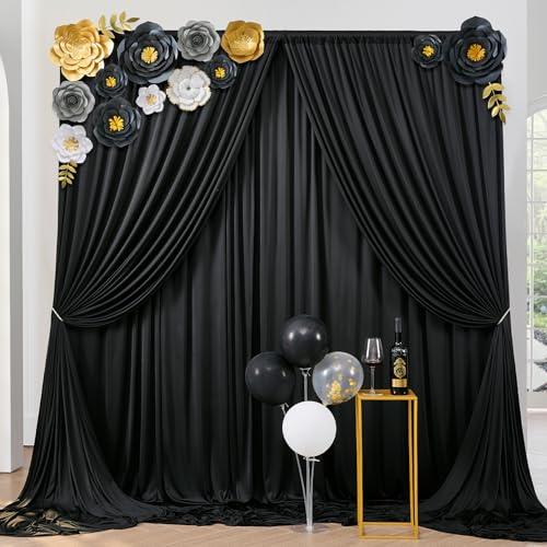 HBBMAGIC 4 Stücke 150×300cm Falten freie Schwarz Hintergrund Vorhänge für Hochzeitsfeier 100% Polyester Schwarz Hintergrund Vorhänge für Geburtstag Taufe Baby Dusche Braut Dusche Dekorationen