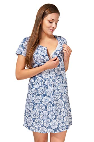 Sibinulo Damen Umstands Nachthemd mit Stillfunktion V Ausschnitt Stillshirt 100% Baumwolle Verschiedene Muster EU-Produktion Marineblaue Blumen XL