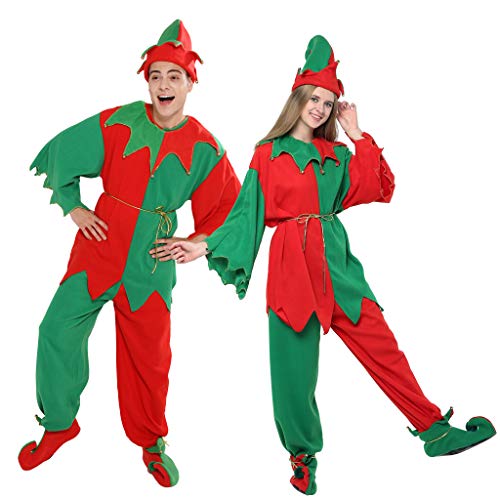 EraSpooky Weihnachtselfe Erwachsenenkostüm Unisex Ganzes Set, Grün & Rot, X-Large