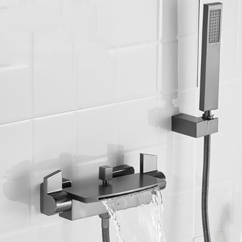 Badewannenarmatur Wasserfall mit Handbrause Badewannenarmatur Wasser Kalt und Heiß Messing Badezimmer-Duscharmatur-Grau