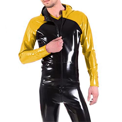 Latex Naturkautschuk Sexy Ganzkörper-Uniform Hut Jacke und Hose schwarz mit gelb schwarz Cosplay individuelle Größe XXS-XXL, Gelb, XXS