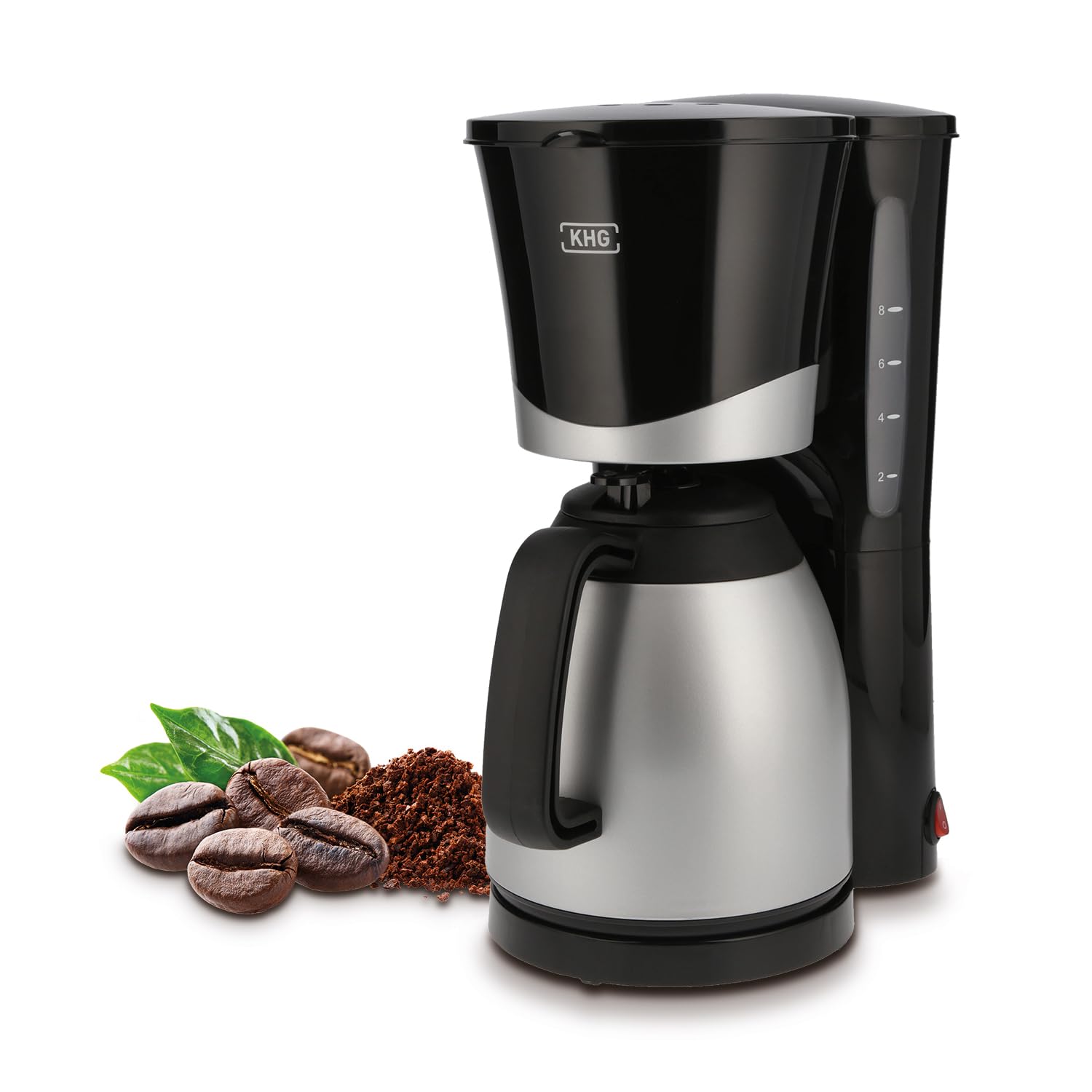 KHG Kaffeemaschine TKA-101SS aus Kunststoff/Metall in schwarz/silberfarben, mit Thermoskanne 1 Liter, Kapazität für 8 Tassen, abnehmbarer Permanentfilter, Wasserstandsanzeige, Tropfstopp