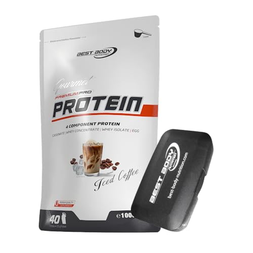 1kg Best Body Nutrition Gourmet 4 Komponenten Protein Eiweißshake - Set inkl. Protein Shaker/Gratiszugabe (Iced Coffee, Best Body Tablettenbox)