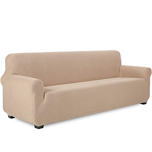 TIANSHU Sofabezug 4 sitzer, Stretch Spandex Couchbezug Sesselbezug Elastischer Antirutsch Stretchhusse Weich Stoff,Jacquard-Stretch-Sofabezug, Schonbezug für Sofa-Sofahalter(4 sitzer,Sand)