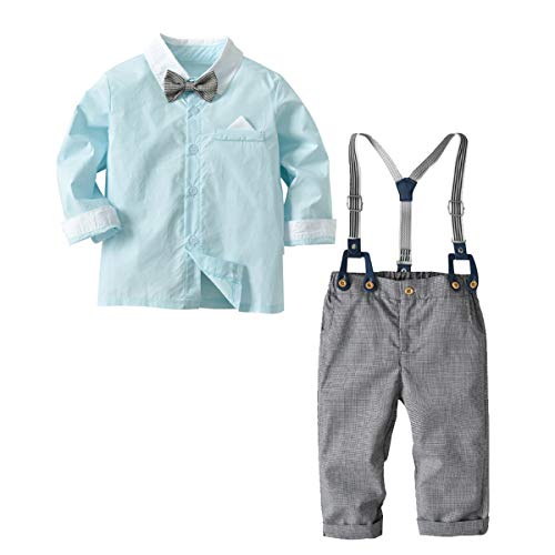 FAMKIT Baby Jungen Kleidung für Gentleman Outfits Kleid Shirt mit Fliege + Strapshose, hellblau, 110