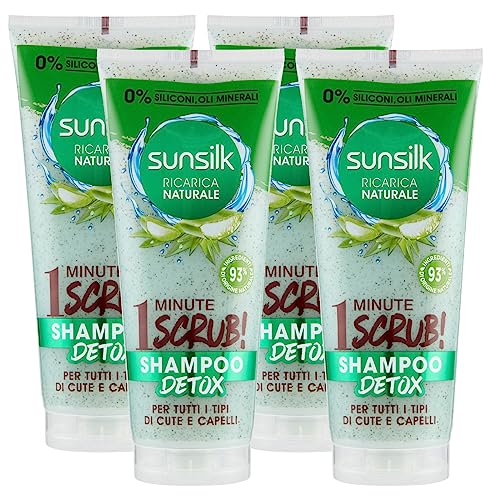 Sunsilk Shampoo Scrub Detox natürliches Nachfüllung für alle Haut- und Haartypen mit Aloe Vera Inhaltsstoffe natürlichen Ursprungs ohne Silikone – 4 Flaschen à 200 ml