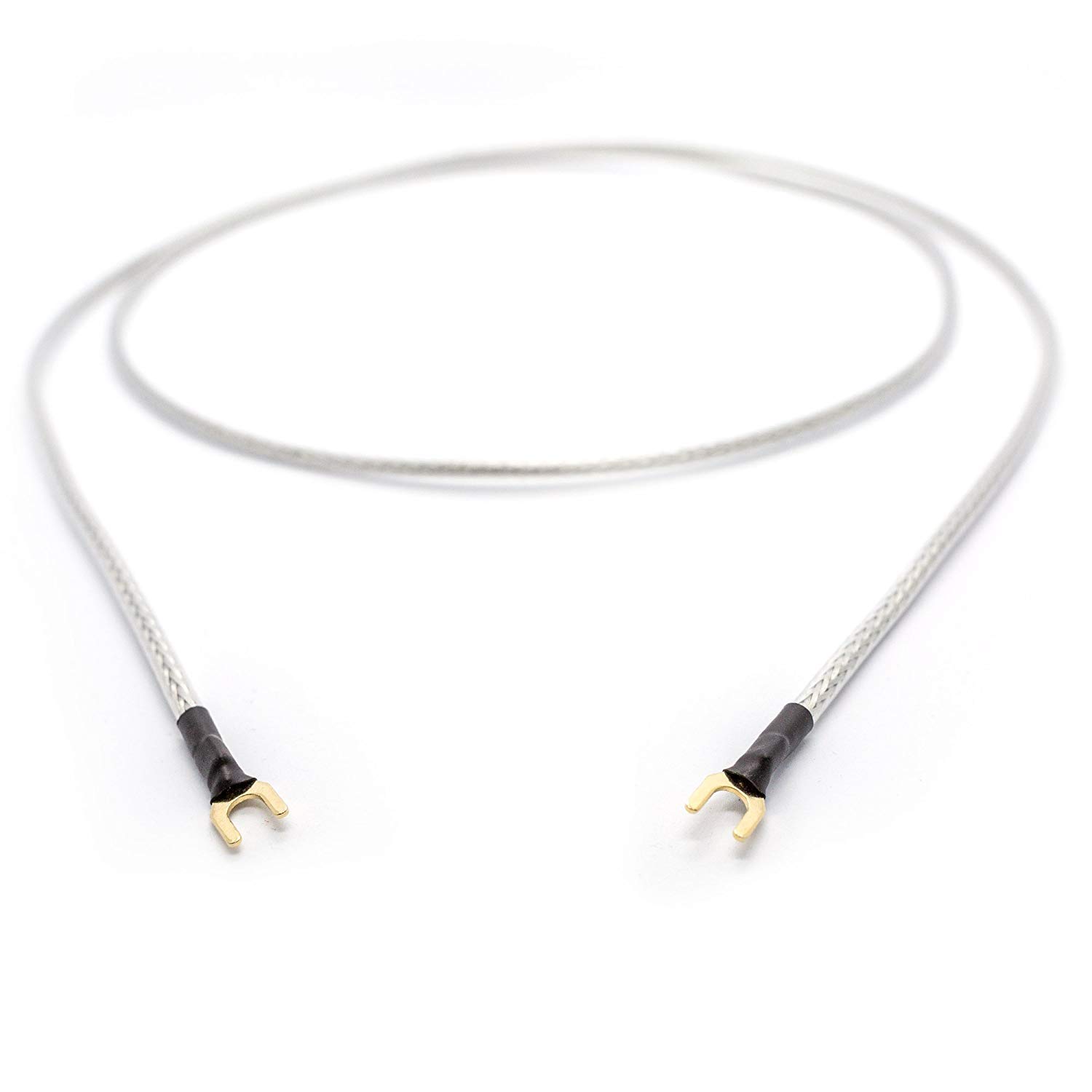 Selected Cable 100cm Erdungsleitung 1x 0,50mm² für Plattenspieler Phonogeräte mit Masseanschluß inkl. vergoldeter Gabelschuh Masseleitung transparent Silber Geflechtschirm (1m)