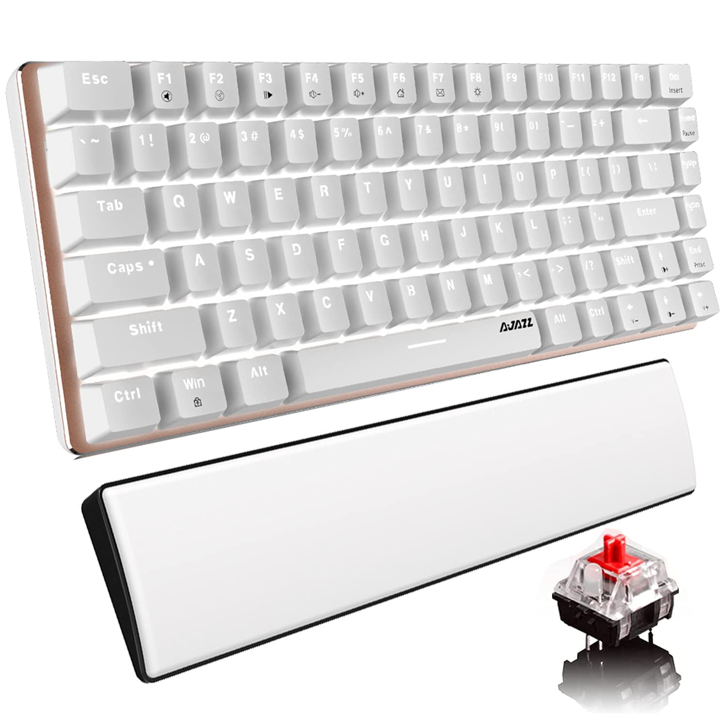 Mechanische Tastatur-Handgelenkstütze AK33 White LED Backlit USB-Kabel-Gaming Mechanische Tastatur, 82-Taste Kompakte Tastatur PU-Leder Memory Foam-Handgelenkrest für Gamer (Roter Schalter, weiß)