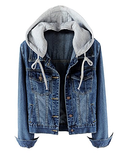 CYSTYLE 2018 Frauen Mäntel Herbst und Winter Damen Jeansjacke Vintage Mädchen Denim Jeans Jacke Mantel Beiläufige Outwear mit Kapuzen (Blau, EU S=Asia L)