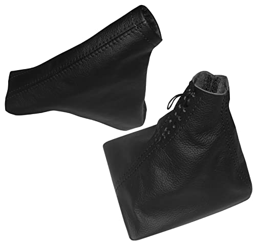 Aerzetix - Satz Schaltsack + Handbremssack Schwarze Farbe 100% Echtes Leder (Schwarze Nähten)