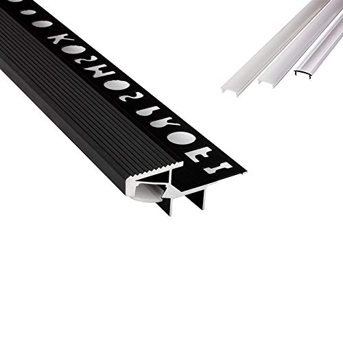 T-40 20° LED Alu Fliesenprofil Treppenprofil Stufen 12mm schwarz + Abdeckung Abschlussleiste Fliesen für LED-Streifen-Strip 2m milky