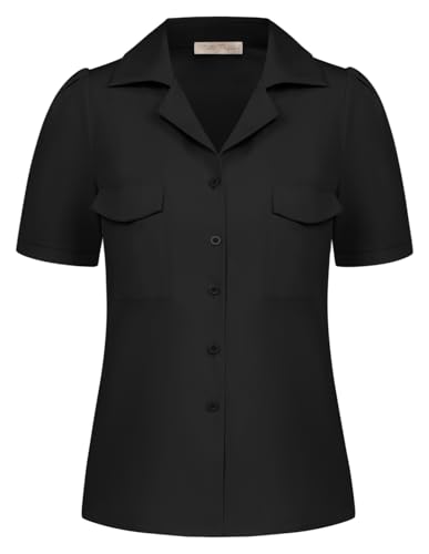 Damen Bluse Kurzarm Oberteile Revereskragen Shirt Elegant Tops Freizeit Büro Urlaub Schwarz XL