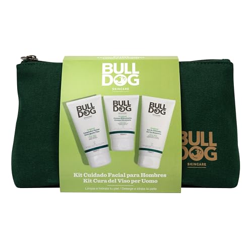 Bulldog Skincare Herren Gesichtspflege Kulturbeutel inklusive: Gesichtsreiniger 150 ml + Rasiergel 175 ml + Feuchtigkeitscreme 100 ml und Kulturbeutel aus nachhaltigem Stoff | Geschenkset für Herren