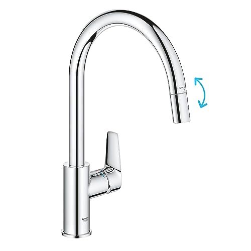 GROHE Start Edge QuickFix - 1-Hebel-Küchenarmatur mit Ausziehfunktion (hoher C-Auslauf, 360° Schwenkbereich, 28 mm Keramikkartusche, Endstücke 1/2 Zoll, Hochdruck), Größe 357mm, chrom, 30553000