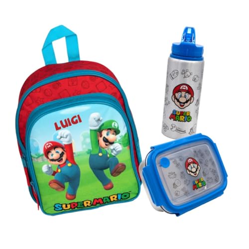minimutz Kindergartenrucksack Super Mario Junge mit Brotzeitdose Trinkflasche - Personalisiert mit Name - Set Kinderrucksack mit Brotdose Trinkbecher Alu