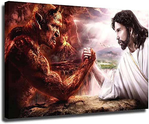 SXXRZA Wandbilder 40x50cm Kein Rahmen Jesus Christus VS Satan Teufel VS Gott Morgen Sunny Oil Print Poster Wandkunst Bild Für Wohnzimmer Home Decor