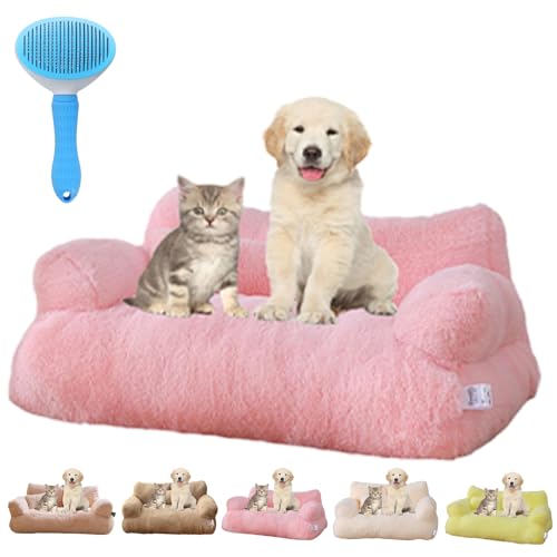 Gienslru Calming Pet Sofa, Calming Dog Bed Fluffy Plush pet Sofa, Memory Foam Removable Washable Pet Sofa, for Medium Small Dogs ＆Cats (Pink, M)