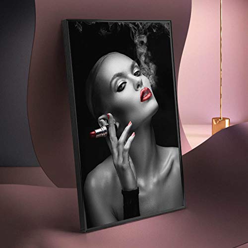 Sexy Smoking Woman with Lipstick Canvas Art Posters And Prints Black White Woman Art Canvas Paintings Red Lips Art Pictures 30x50cm Frameless
