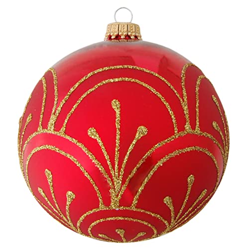 Krebs Glas Lauscha - Weihnachtsdekoration/Christbaumschmuck aus Glas - Weihnachtskugeln - Motiv: Rote Kugel mit goldenen Linien - Größe: 4 mal 10cm