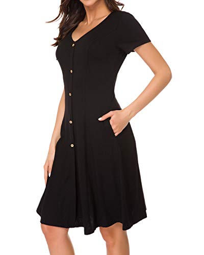 MINTLIMIT Damen Casual Einfarbig Einfach Lose Kleid mit Seitentaschen(Einfarbig Schwarz,Größe 2XL)