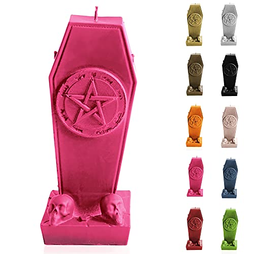 Candellana Kerze Sarg mit Pentagramm | Höhe: 17 cm | Dunkelrosa | Brennzeit 35h | Halloween | Handgefertigt in der EU