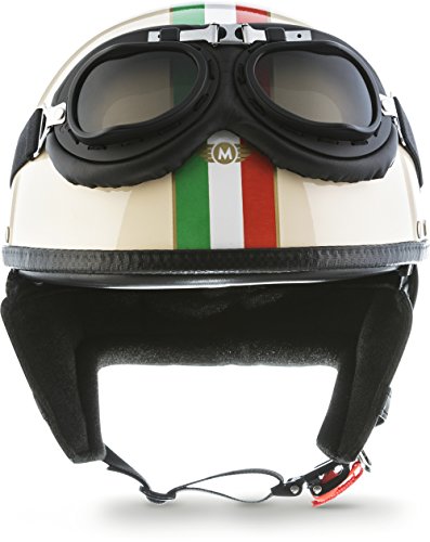 Moto Helmets® D22-Set „Italy“ · Brain-Cap · Halbschale Jet-Helm Motorrad-Helm Roller-Helm Scooter-Helm Bobber Mofa-Helm Chopper Retro Cruiser Vintage Pilot Biker Helmet Brille Visier · M (57-58cm)