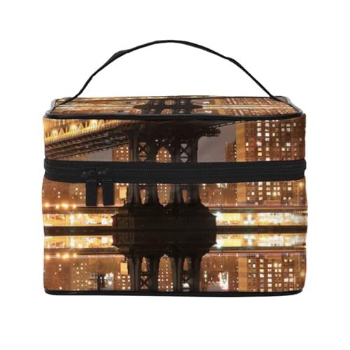 Reise-Make-up-Tasche mit Lotusblumen-Motiv, tragbare Kosmetiktasche für Damen und Mädchen, stilvoll und geräumig, New York Manhattan Bridge Night, Einheitsgröße
