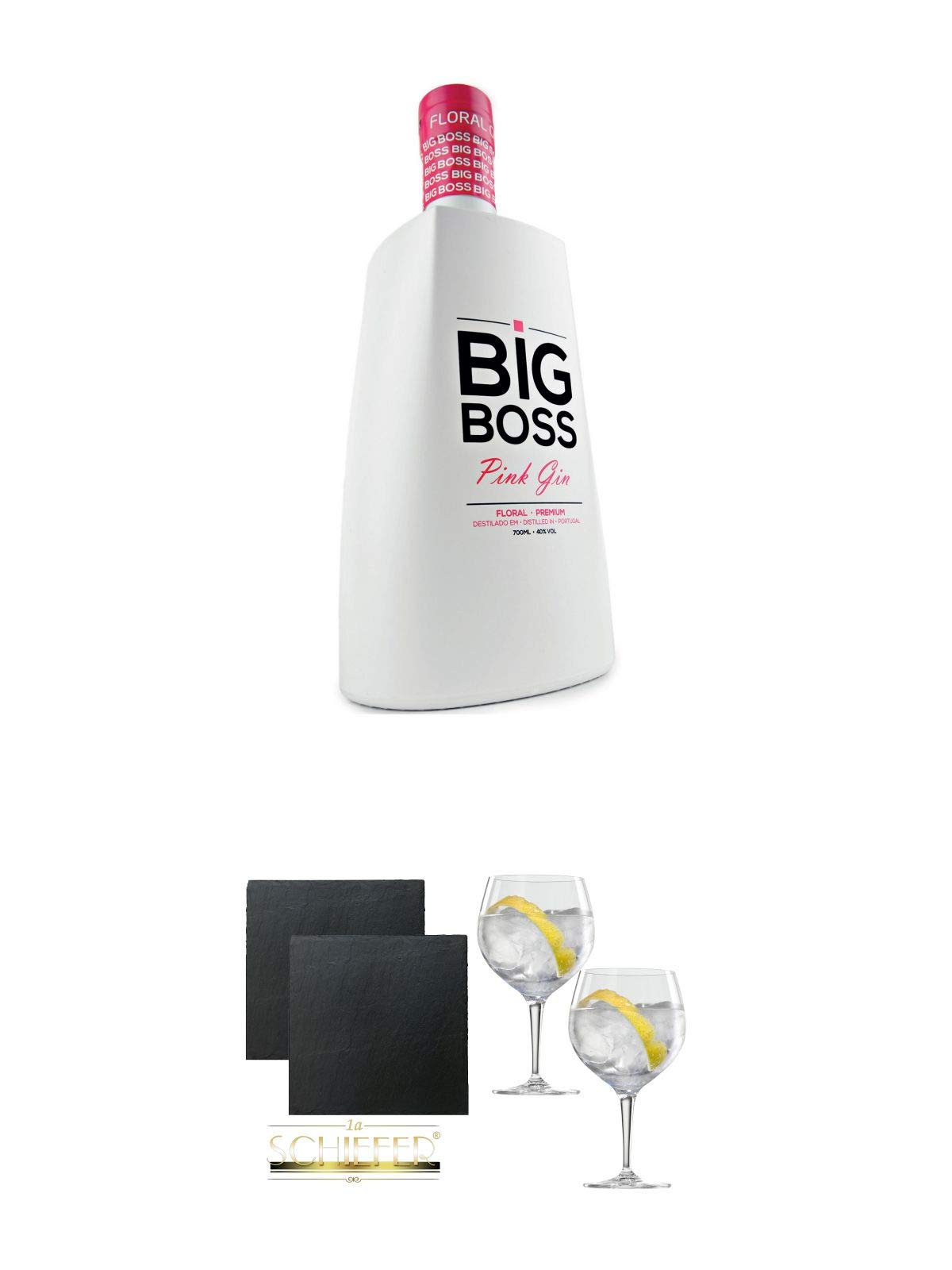 Big Boss Dry Gin PINK 40% 0,7 Liter + Schiefer Glasuntersetzer eckig ca. 9,5 cm Ø 2 Stück + Spiegelau Gin & Tonic 4390179 2 Gläser