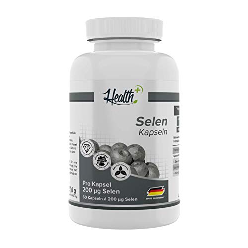 Health+ Selen- 60 Kapseln mit 200 mcg, essentielles Spurenelement zur Erhaltung normaler Haare und Nägel, mit Natriumselenit & L-Selenomethionin, Made in Germany