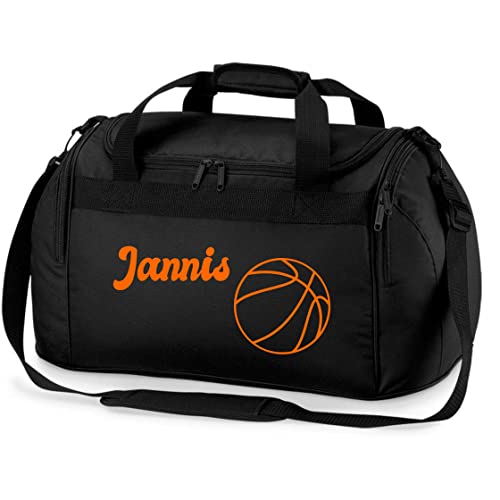 Sporttasche mit Namen Bedruckt für Kinder | Personalisierbar mit Motiv Basketball | Reisetasche Duffle Bag für Mädchen und Jungen Sport (schwarz)