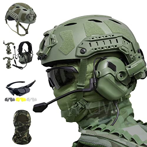 WLXW Fast SF Taktisches Helmset Mit Vollem Schutz, Mit Airsoft-Headset, DREI Gläsern, Schutzbrille Und Taktischer Maske, Für Paintball Wargame Military Set,Grün