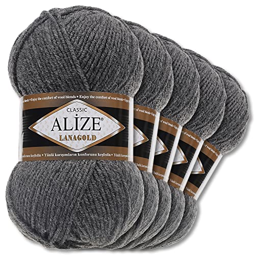 Alize 5 x 100 g Lanagold Wolle | 53 Auswahl | Stricken Häkeln Wolle (182 | Mittelgrau Melange)
