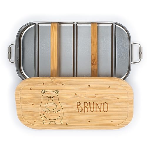 Kidsmood personalisierte Brotdose | Individuelle Edelstahl Lunchbox mit Bambusdeckel | Geschenk für Kinder mit niedlichem Tier-Motiv und Wunschnamen [650 ml.]