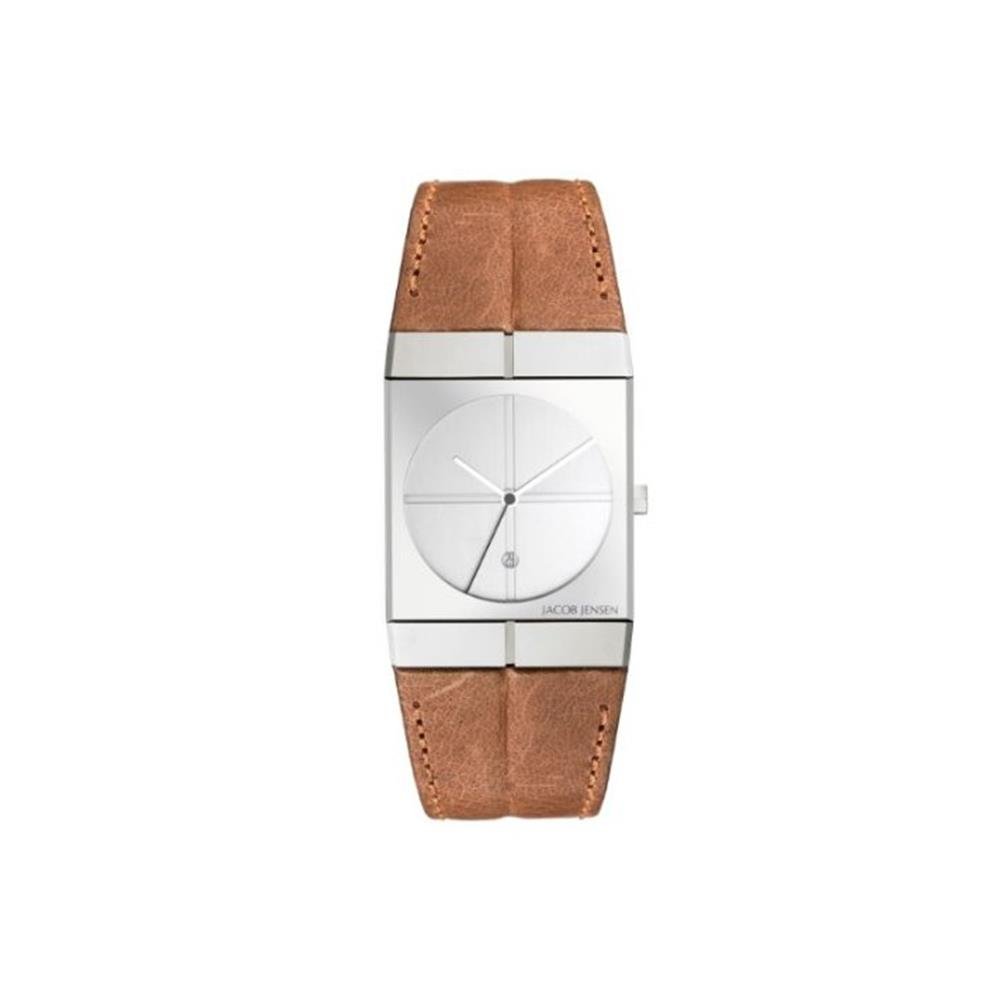 Jacob Jensen Icon Serie Herren Quarz-Uhr mit weißem Zifferblatt Analog-Anzeige und braunem Lederband 233