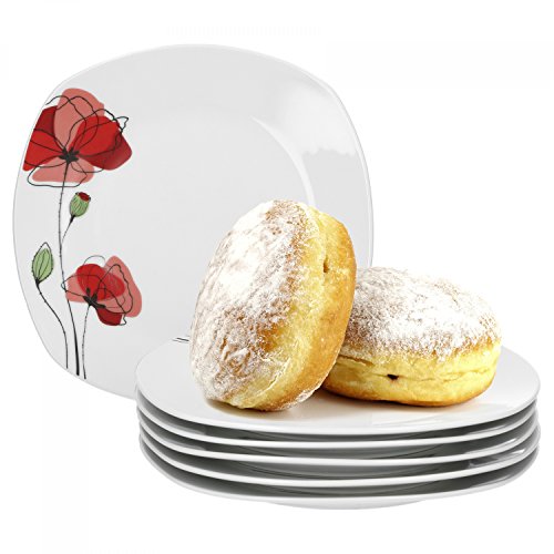 Van Well 6er Set Dessertteller Monika | 190 x 190 mm | Kuchenteller | Servier-Teller zum Frühstück | Mohn-Blume rot | edles Porzellan-Geschirr | Gastronomie