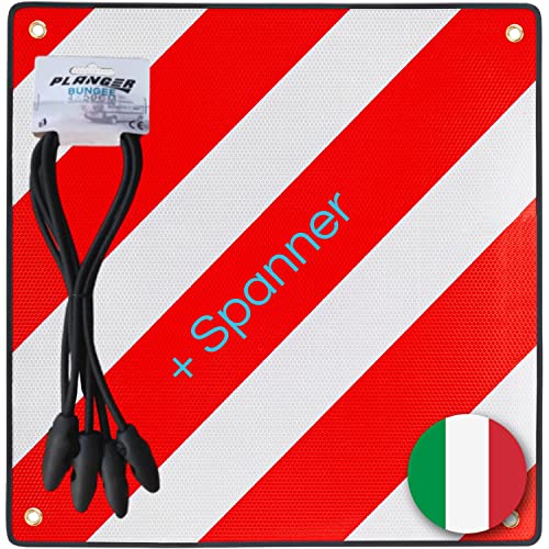 PLANGER® - Warntafel Italien (50 x 50 cm) + Spanner - Reflektierendes Warnschild rot weiß für Heckträger u Fahrradträger